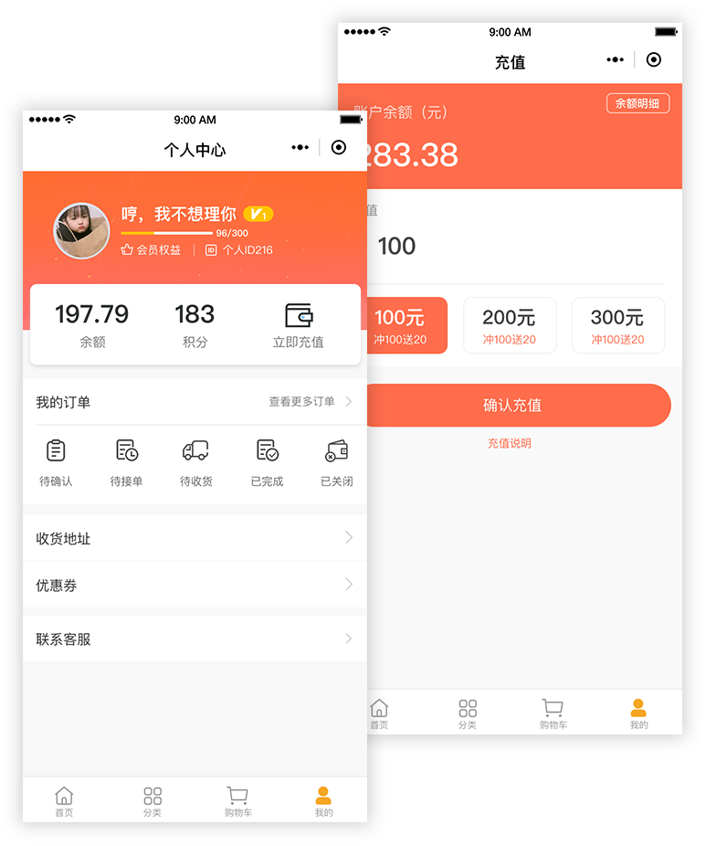 充值管理:会员充值 预存充值送现金(自定义) 余额明细